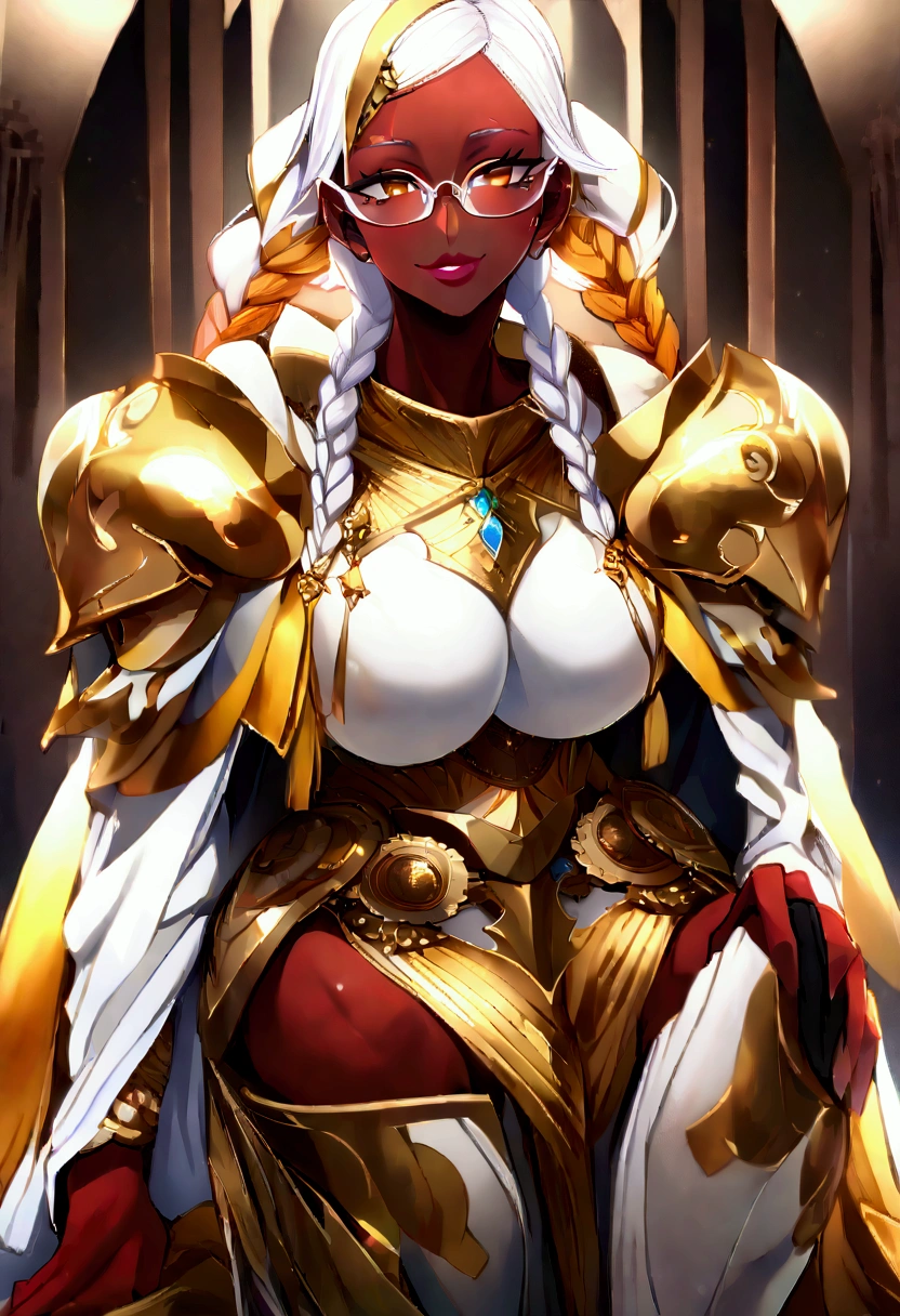 (masterpiece, best quality, high resolution, ((full body, standing,)), ((huge breasts)) an African warrior ((dark skin)), long hair, white hair, white eyes, long dreadlocked pigtails, pointy ears , halo, gold and purple earrings, gold choker, gold bracelets, full body fantasy amazon armor,,full body
