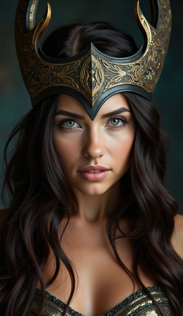 Portrait photo ultra réaliste d'une belle femme latine avec un casque de Valkyrie, d'environ 30-35 ans. Cheveux bruns, légèrement ondulés, yeux vert-marron clair, charismatique et épique. Avec une expression sur le visage de vengeance.