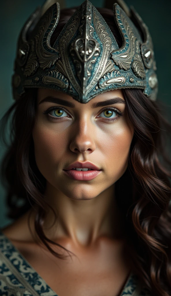 Portrait photo ultra réaliste d'une belle femme latine avec un casque de Valkyrie, d'environ 30-35 ans. Cheveux bruns, légèrement ondulés, yeux vert-marron clair, charismatique et épique. Avec une expression sur le visage de vengeance.