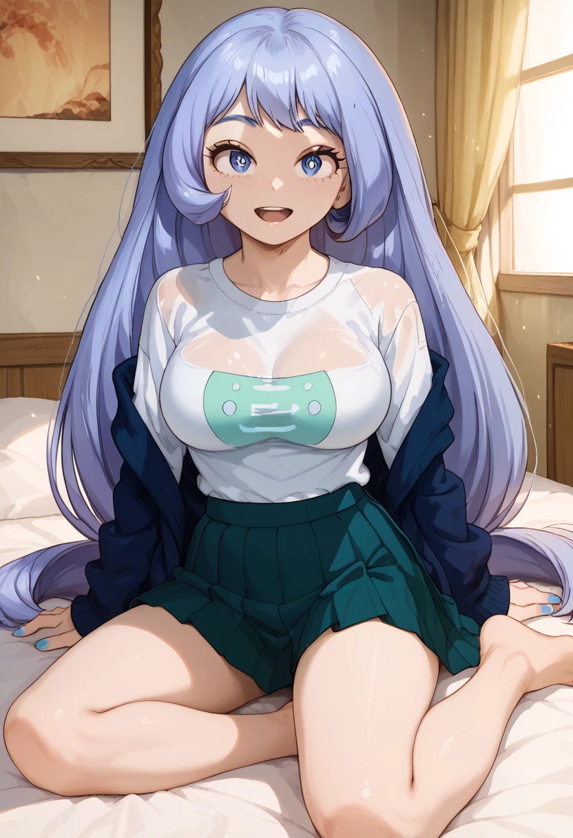   best quality swimsuit,  anime screenshot, Clean face, (1 ), nejire hadou, long purple hair with bangs, Room,  sitting on the bed,  looking at the viewer  ,  Big breasts  ,(She wears a long sleeve white shirt and a very short blue pleated skirt, coxas focus,, blue nail polish , open smile, bare feet on the bed  ,  perfect anatomy , soft light, perfect arms,  perfect fingers, perfect feet,  perfect legs ,Perfect posture,  ambient light lighting.