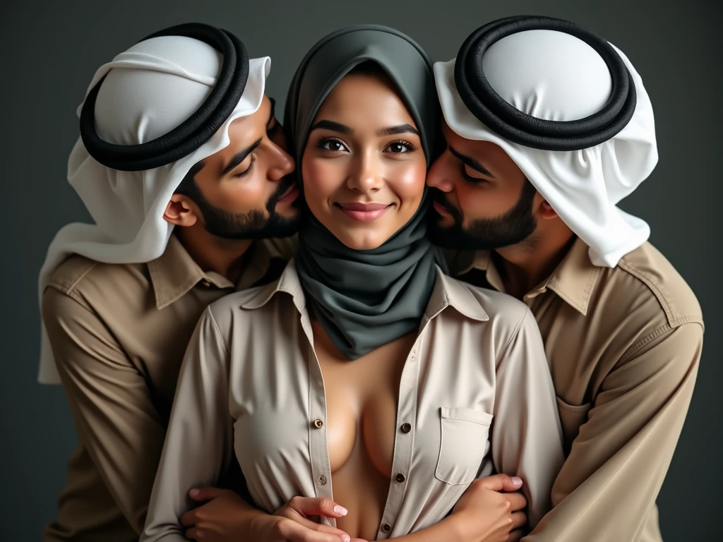 Hot young pale skin woman in hijab nude arm nude shoulder breasts nude talking with a Arab guy in village room