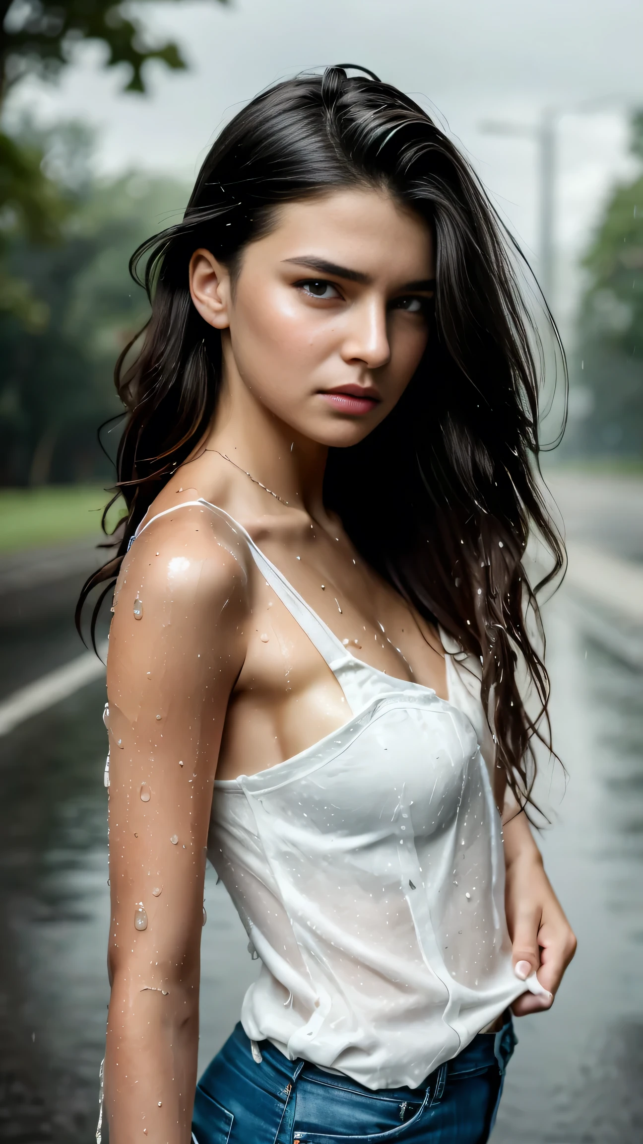 ((Best Quality, 8K, Masterpiece:1.3)), Focus: 1.2, Perfect Body Beauty: 1.4, Buttocks: 1.2, ((Layered Haircut, Breasts: 1.2)), (Wet Clothes: 1.1) , (Rain, Street:1.3), Bandeau Dress: 1.1, Highly Detailed Face and Skin Texture, Delicate Eyes, Double Eyelids, Whitened Skin, Long Hair　In underwear Thin eyebrows　Japanese