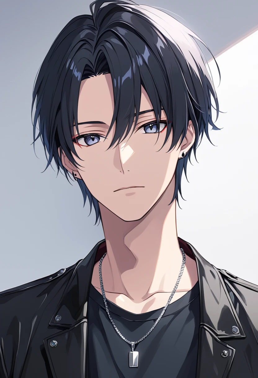 （extremely detailed CG:1.5）、（crisp quality:1.5）、 mature male 、alone、Beautiful Youth、（detailed facial depiction :1.3）、 dark eyes、cold eyes、 glossy black hair in a bright room、 Short Hair、black jacket、silver necklace 、living roon、looking at viewer、 upper body