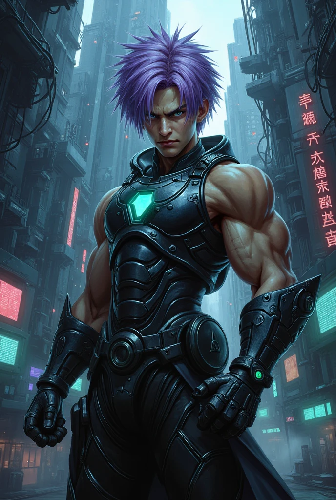 "Cyberpunk male ninja with implanted arms wields a sword. His piercing red eyes exude an aura of danger and mystery."