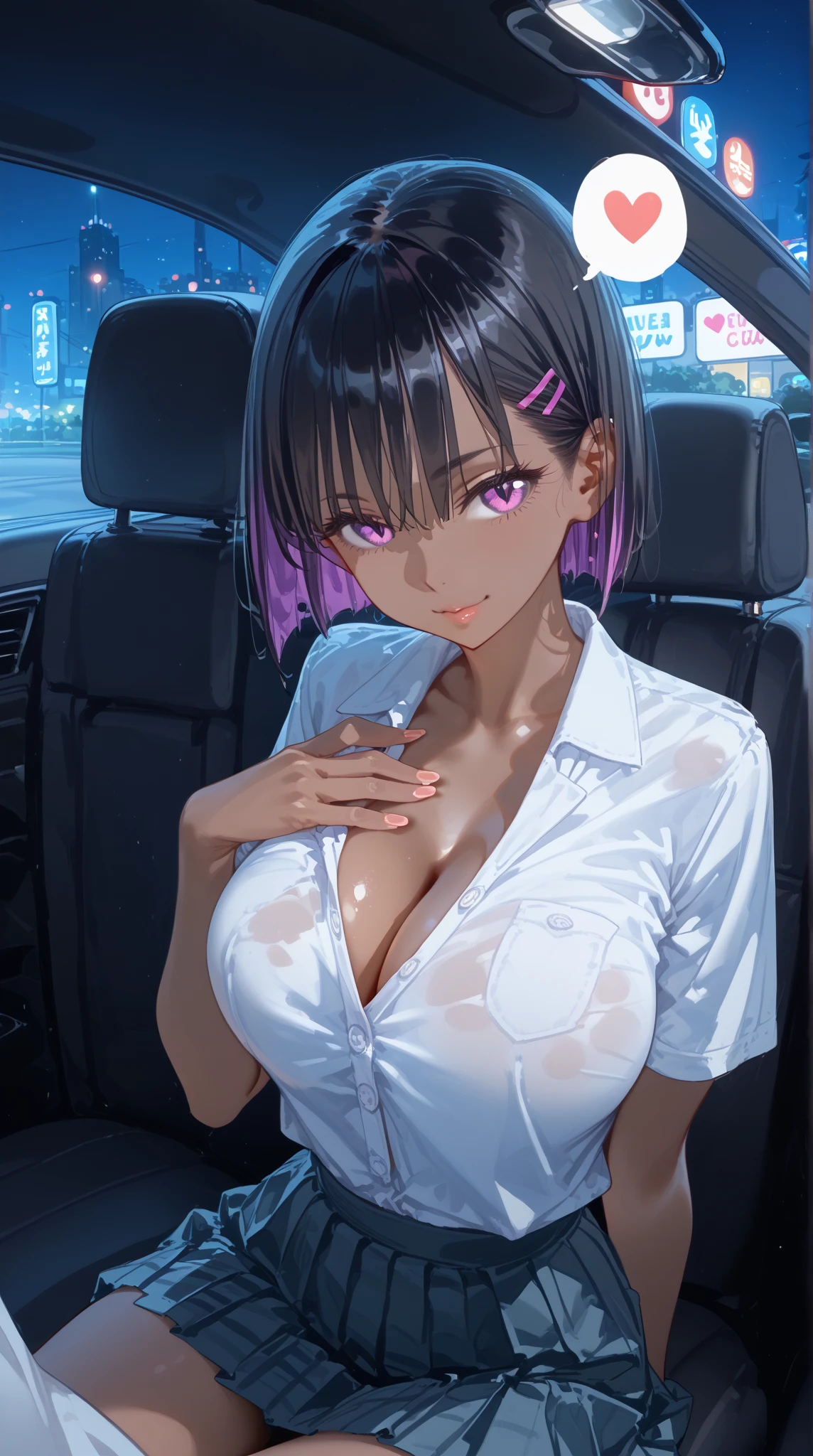 limousine, in the car, nighttime,
girl, **********, cute, cheerful, dark skin 、multicolored black hair、 Pixie Shortcut Hair, sitting seat, both hands on chest, Black smoke glass 、Night view at night、Neon lights in the car illuminate, slit, cleavage,  female high school uniform , 
absurd-resolution, ultra-detailed, best quality, spoken heart, heart,