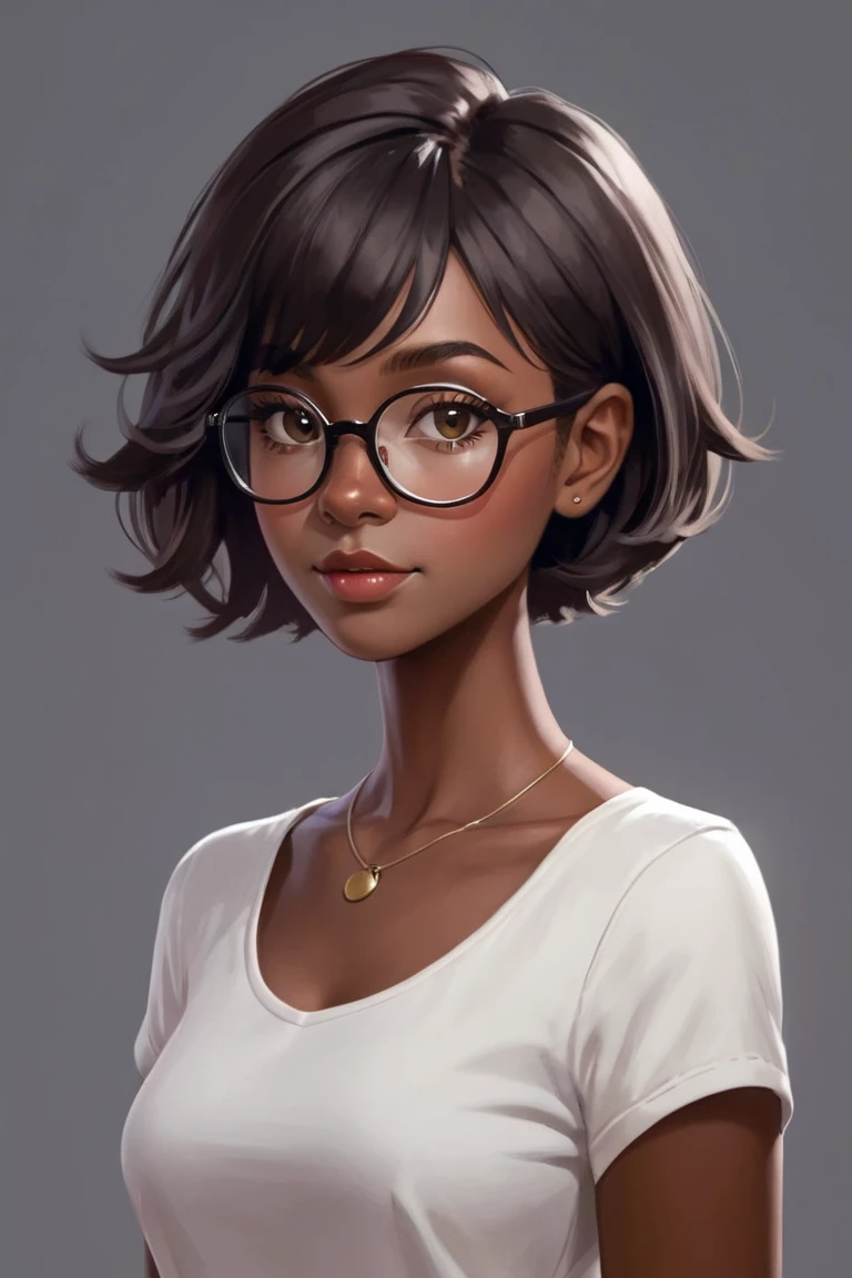  Female character ,  dark skin tone,  with short hair , nerd, by em Stylosa, Wear a fuzzy coat