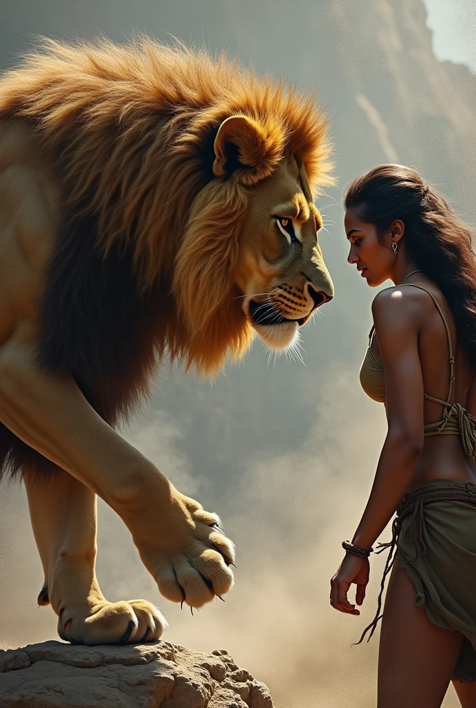 ((((Cyrene fights with a male lion, Greek Mythology)))), Forest background, angry expression, (((1 female bodybuilder fighting wirh 1 fierce beast))), a cute girl grapple with a real Lion, (((Fighting Scene, 1 real woman and 1 real beast))), (abnormally developed muscles), (((color Image))), masterpiece, best quality, high resolution