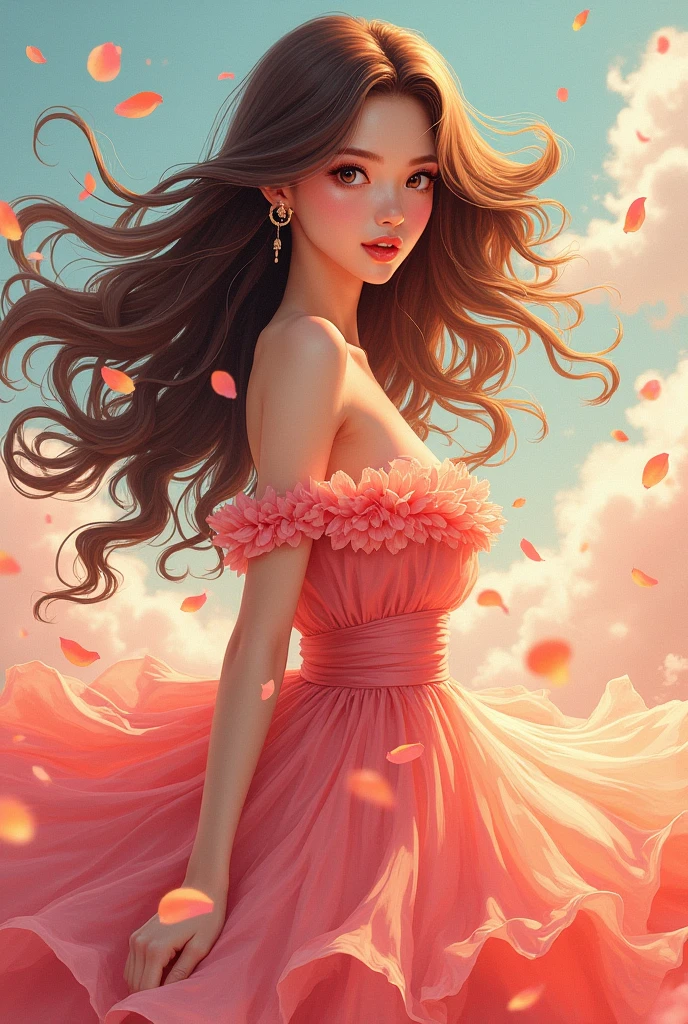 (  1 girl),  dynamic pose, whole body, 耳Nipple Ring,  fluffy dress, perfect face,  beautiful brown eyes,  pink lips, Long Chestnut Hair, hair blowing in the wind,  abstract background ,  petals,  brightly colored ,  Surrounding a woman , manga cartoon art,  high image quality, masterpiece, 