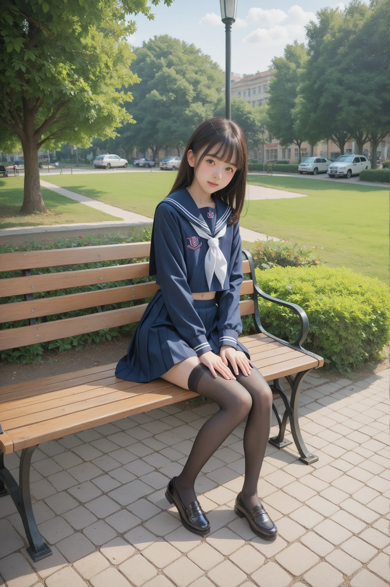   sailor suit ,***************************, cute girl,masterpiece,4K,8k,16k,  black stockings,  sit on a park bench , is short