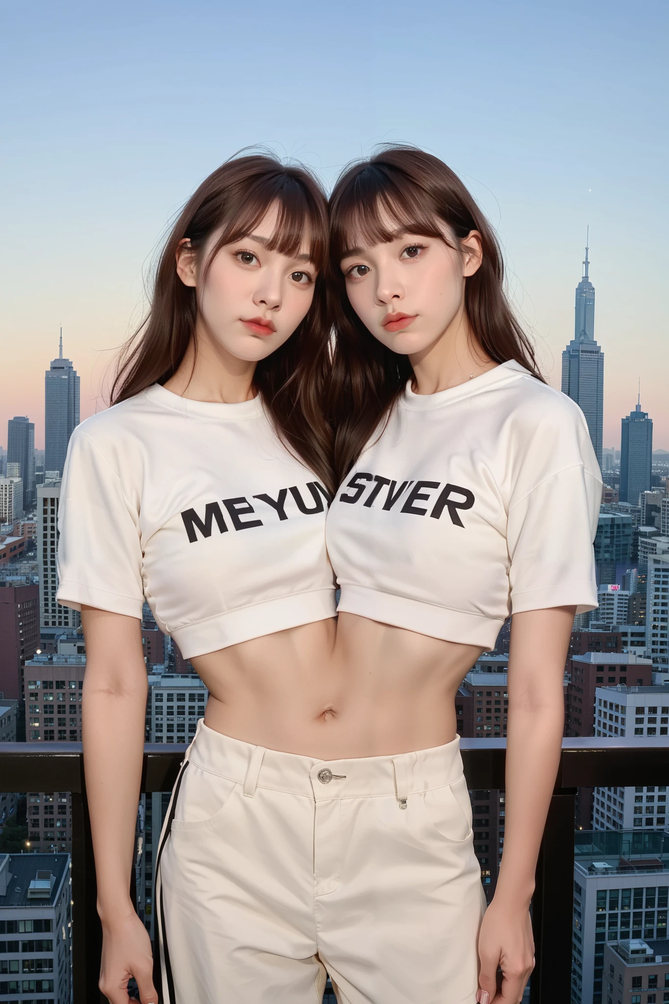 Best resolution, 2 heads, woman with two heads, conjoined, masterpiece, best quality, fair skin, ((looking at viewer)), looking at viewer, cropped top, ((standing against a city skyline at night)), (rooftop), sweatshirt crop top, ((navel)), bangs, 