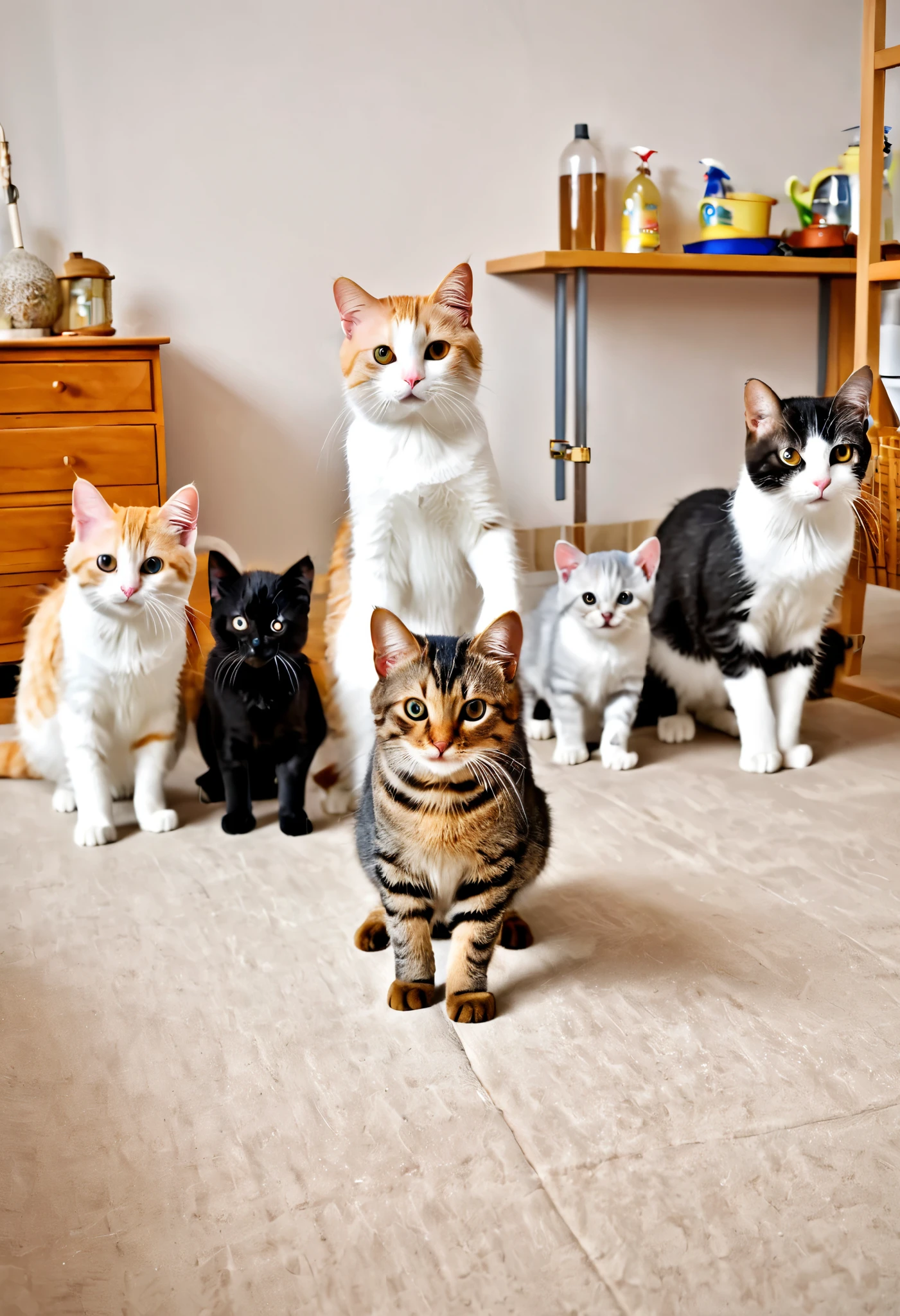 Five realistic cats are cleaning the room like humans,