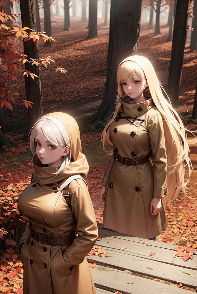  a 20 year old blonde girl in a camel long coat,  sling , bonnet, bottines,  with big breasts, Autumnal forest with red leaves 
, regarde dans le blanc des yeux,  it is positioned further away from the camera , not close to the frame ,  thus creating a feeling of space .