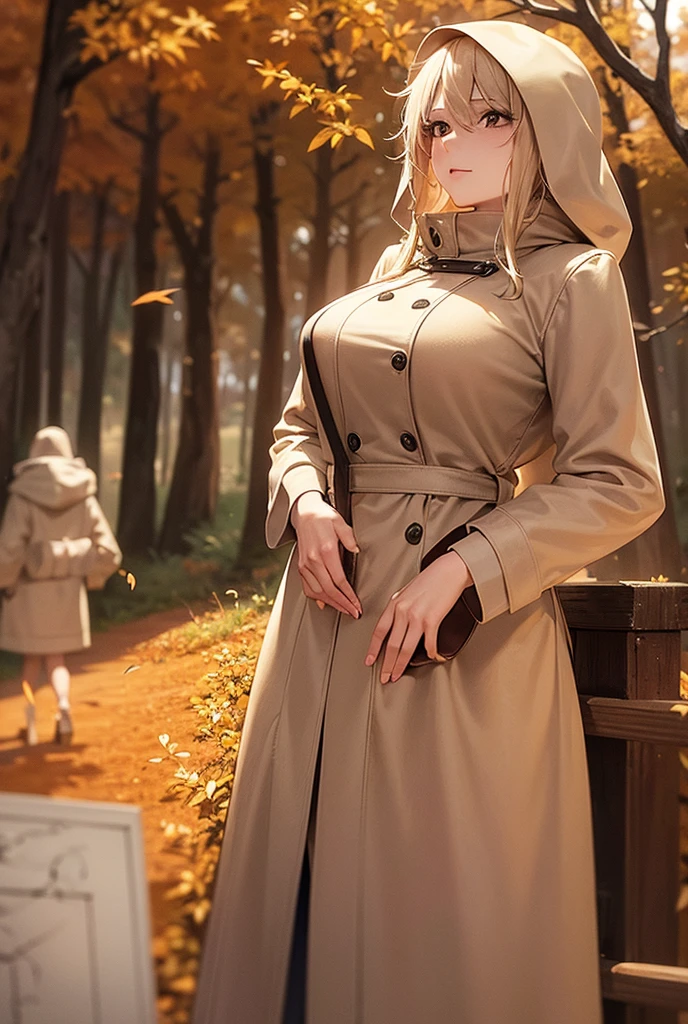  a 20 year old blonde girl in a camel long coat,  sling , bonnet, bottines,  with big breasts, Autumnal forest with orange leaves
, regarde dans le blanc des yeux,  it is positioned further away from the camera , not close to the frame ,  thus creating a feeling of space .