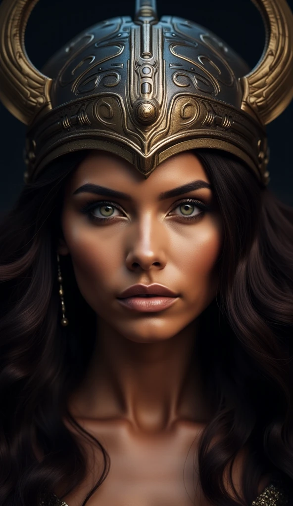 Portrait photo ultra réaliste d'une belle femme latine avec un casque de Valkyrie, d'environ 30-35 ans. Cheveux bruns, légèrement ondulés, yeux vert-marron clair, charismatique et épique. Avec une expression sur le visage de vengeance.