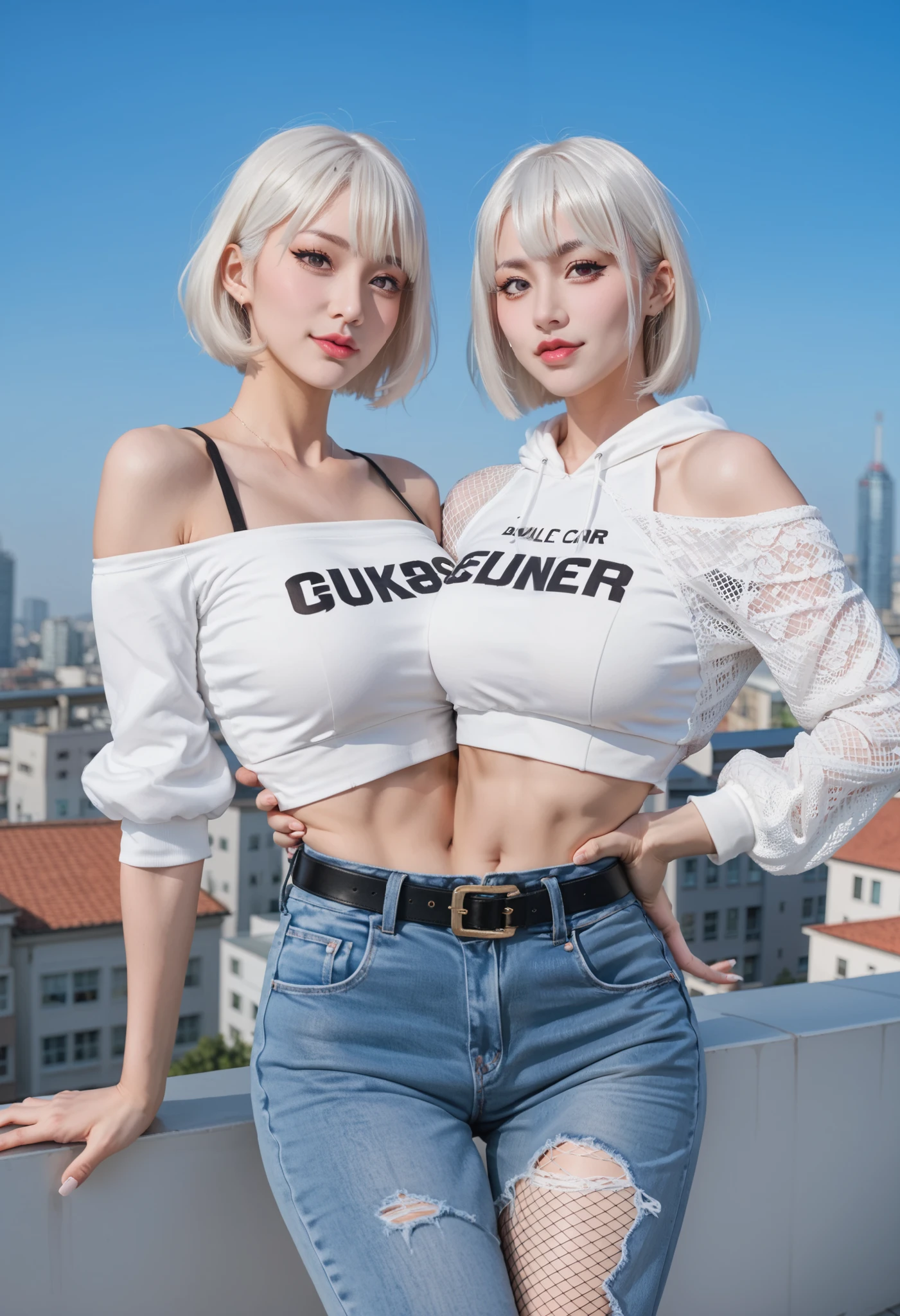 best resolution, 2 heads, woman with two heads, conjoined,tall, white hair, short hair, bob, mm, flirty expression, looking at viewer, large breasts, jewlery, dress, fishnets, fishnet leggings, crop hoodie, jeans, star belt, ulzzang, off shoulder,  midriff, crop top, midriff, on a rooftop, outdoors, holding waist