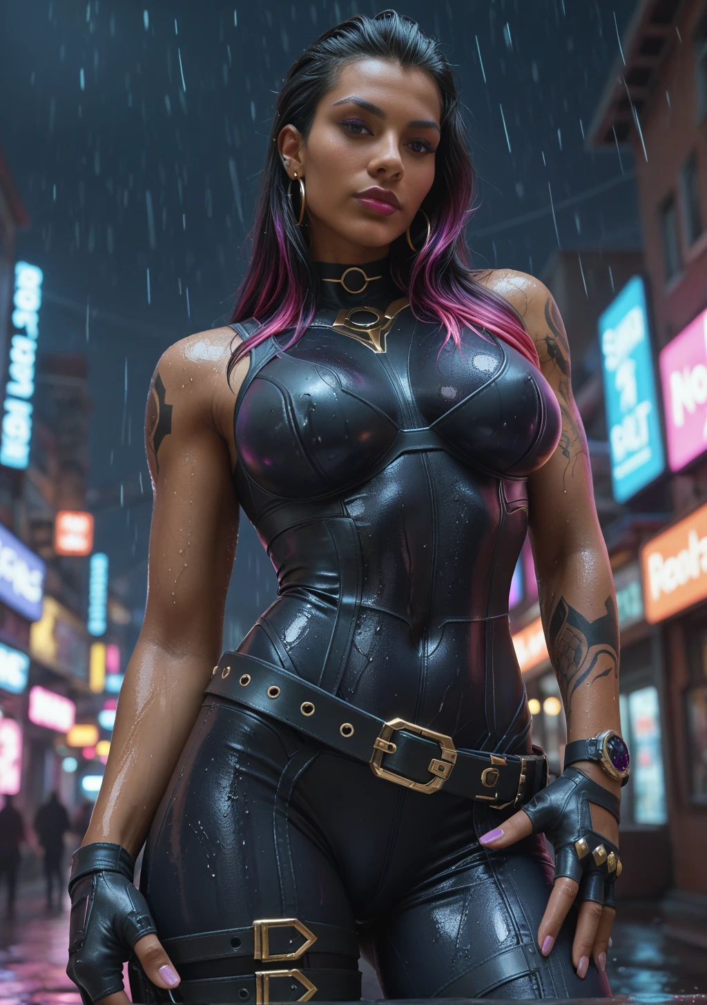 score_9, score_8_up, score_7_up,score_6_up, score_5_up, score_4_up , 1 girl, solo, 
large breasts,
ReynaDG,
dark-skinned female, two-tone hair, long hair, purple hair, purple eyes, black hair, slicked back hair,
black bodysuit, black gloves, arm tattoo, glitter, belt, fingerless gloves, 
science fiction, neon lights, city, light particles, night, rain, wet,
From below, holding a gun,
looking at the viewer,