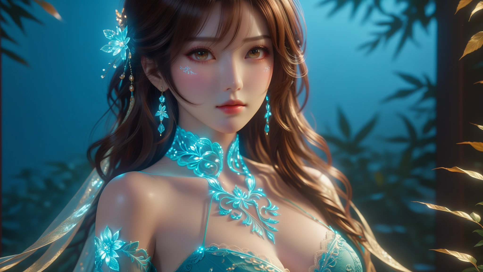 A female model, (Race:Chinese),((night, bamboo forest, moonlight, Thick fog)), (8K Ultra HD, 8K, Ultra-high resolution, best quality, masterpiece, Surrealism, Digital SLR Camera, Soft Light, Bokeh, Masterpieces), ((((Beautiful model-like face))), (Creating the image of a real girl), warm light, Realistic shadows, Dynamic poses, Elegant Posture, Cowboy lens, Full body front view, Be confident, Body facing the camera, Standing facing the camera, Open your legs slightly, Golden Ratio Graphics, Minimalism), (Happy smile, Big watery eyes, Cherry Blossom, Balanced Eyes, Perfect beautiful face, Normal facial features, Realistic skin, Attention to skin details, Skin is clean and radiant, Whitening, 沙漏型figure, figure, cosmetic, Gloves, earrings, bracelet, necklace, Jewelry, veil, Hair accessories, Headdress, shawl), ((beautiful hair), Reddish-brown hair, Wavy curly hairstyle, Waist-length hair, Messy Hairstyle, Gradient hairstyles, Cyberpunk hairstyle), ((Transparent clothes:1.5), (The color of the clothes: Blue base with pink edges), Transparent Clothes, See-through clothes, Transparent Clothes, Tulle clothes, Mesh clothes, Transparent sci-fi clothes, Shiny micro bikini bra, (Clothes that accentuate your bust shape)), (Sexy的, Perfect breast shape, Teardrop chest shape, Snow-white breasts, very detailed breasts, 36C cups), (Super high waist, Deep V, Low-cut, Sexy, Flattering, Open crotch, (Camel toe, High fork strangulation)), (sock, Knee socks, 吊garter, Leg ring, garter, 腿部garter), (style:Sexy,cute), (Wet body:1.0) , (Wet clothes:1.0)