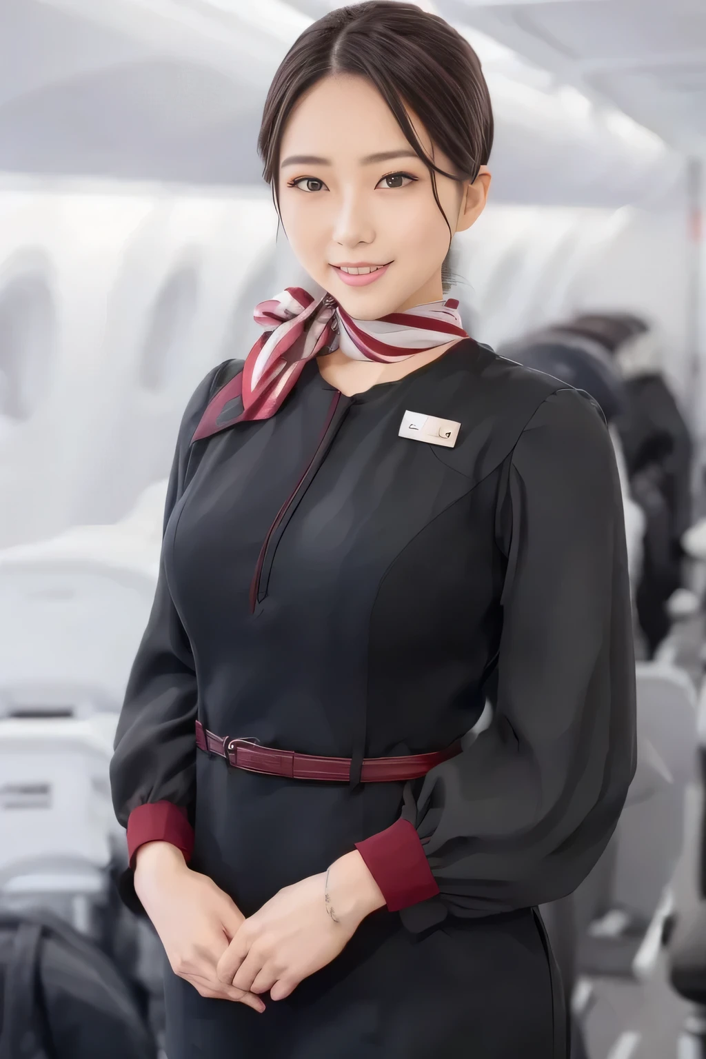 (masterpiece:1.2,  top quality :1.2), 32kHDR,  high definition  , (Alone、  1 girl)、（ on board）、In-flight background、（  wearing a JAL flightattendant uniform  ）、（（ short sleeve jumper skirt in a JAL flightattendant uniform {x} JAL flightattendant uniform 、Red belt wrapped around the waist  、 Scarf around the neck ））、  dark brown hair  、（  Super Long Hair Wrap Hair、Braid Wrap Up Hair ）、 、 long hit 、Big Breasts、Thin legs、（（ amazing hands：2.0）），（（ harmonious body proportions ：1.5）），（（Normal limbs：2.0）），（（Usually ：2.0）），（（ Delicate eyes：2.0）），（（Normal eyes：2.0））)、smile、（ beautiful standing figure wearing a JAL flightattendant uniform  ）、Hands folded under the body 