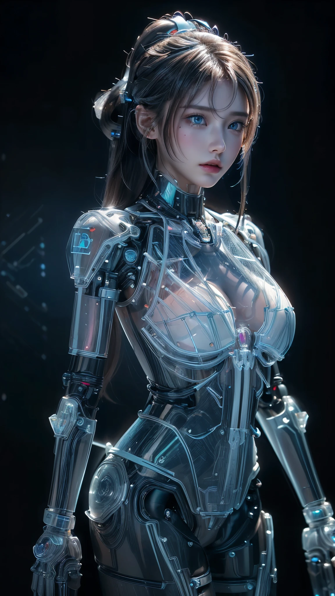 1girl in, 14years, Textured skin, (Portrait photo of the upper body), Super Detail, high details, High quality, Best Quality, hight resolution, 8k resolution, hard disk, Beautiful,(Gundam), Moist blue eyes, deadpan, beautiful cyborg woman, Machine Hand, ((She is naked、Wearing Futuristic Transparent Reinforced Plastic Machine Parts:1.4)), Bust top covered with transparent mecha, (Farbe々Bust on which information is projected:1.4), (Crotch protected by clear plastic), Most of the raw skin is exposed, Almost naked, (pubick hair), perfectly proportions, (Body paint for corporate logos), (Colossal tits), (She carries a lot of weapons on her back:1.4), (sitting on), (Light Silver Long Straight Hair:1.4), headset on head, (((A lot of machines touch her body:1.4))), Background of collapsed buildings, A town engulfed in raging flames, (The blue LED on the bust top glows strongly:1.4),
