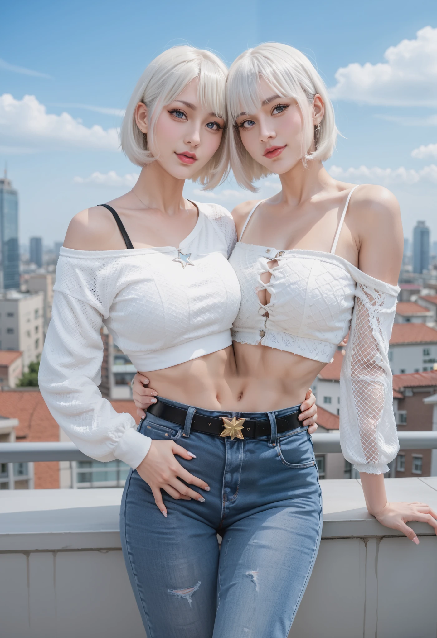 best resolution, 2 heads, woman with two heads, conjoined,tall, white hair, short hair, bob, mm, flirty expression, looking at viewer, large breasts, jewlery, dress, fishnets, fishnet leggings, crop hoodie, jeans, star belt, ulzzang, off shoulder,  midriff, crop top, midriff, on a rooftop, outdoors, holding waist