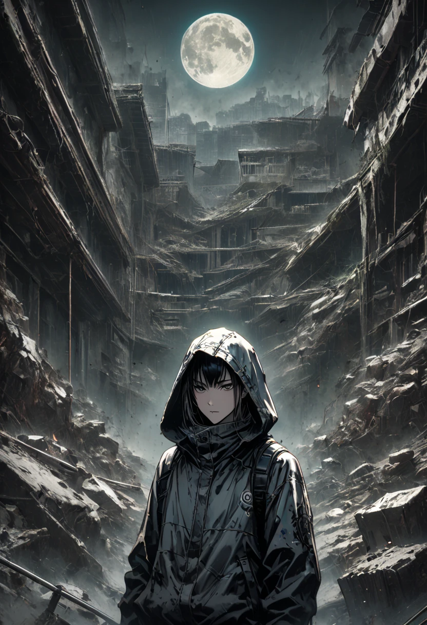 ((((close on face))), ((jujutsu kaisen art style, megumi fushiguro with a hood cover his hair, using a jacket cyberpunk style, Destruction, destroyed buildings graffiti on the walls:1.5)), ((Tattered clothing with hoodie, dynamic pose, epic:1.6)), ((dark background,  full moon night :1.4)), ( masterpiece),( best quality:1.4), (ultra high resolution:1.4), detailed painting, (((dark colors, intricate:1.5) ), ((  best quality, vibrant, 32k, well-defined lights and shadows without text:1.3).