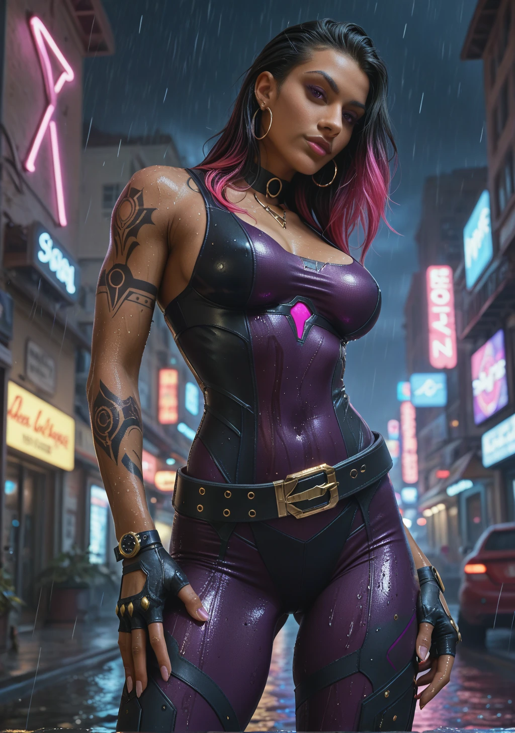 score_9, score_8_up, score_7_up,score_6_up, score_5_up, score_4_up , 1 girl, solo, 
large breasts,
ReynaDG,
dark-skinned female, two-tone hair, long hair, purple hair, purple eyes, black hair, slicked back hair,
black bodysuit, black gloves, arm tattoo, glitter, belt, fingerless gloves, 
science fiction, neon lights, city, light particles, night, rain, wet,
From below, holding a gun,
looking at the viewer,