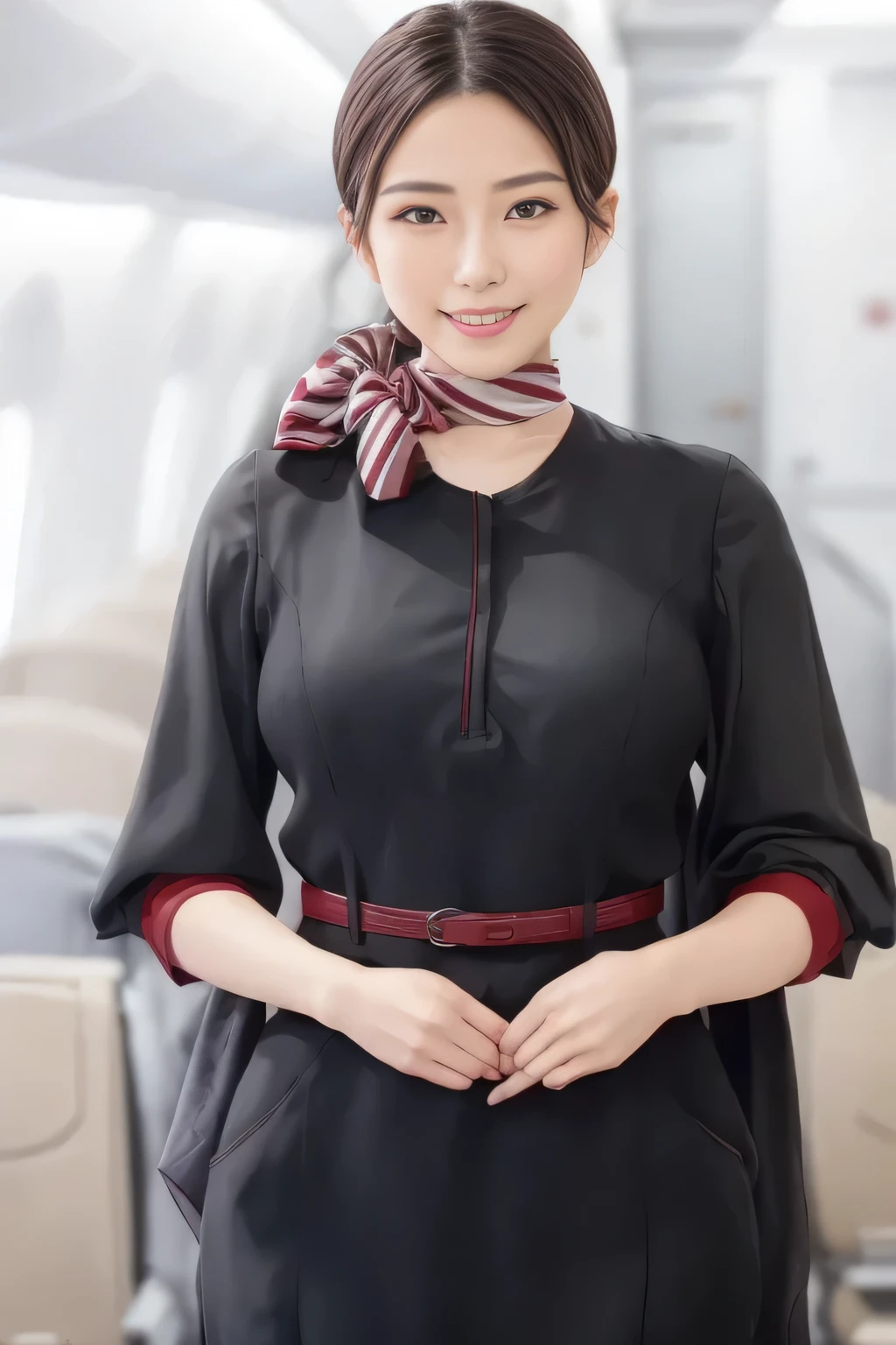 (masterpiece:1.2, top quality :1.2), 32kHDR, high definition , (Alone、 1 girl)、( on board)、In-flight background、( wearing a JAL flightattendant uniform )、(( short sleeve jumper skirt in a JAL flightattendant uniform {x} JAL flightattendant uniform 、Red belt wrapped around the waist 、 Scarf around the neck ))、 dark brown hair 、( Super Long Hair Wrap Hair、Braid Wrap Up Hair )、 、 long hit 、Big Breasts、Thin legs、(( amazing hands:2.0)),(( harmonious body proportions :1.5)),((Normal limbs:2.0)),((Usually :2.0)),(( Delicate eyes:2.0)),((Normal eyes:2.0)))、smile、( beautiful standing figure wearing a JAL flightattendant uniform )、Hands folded under the body