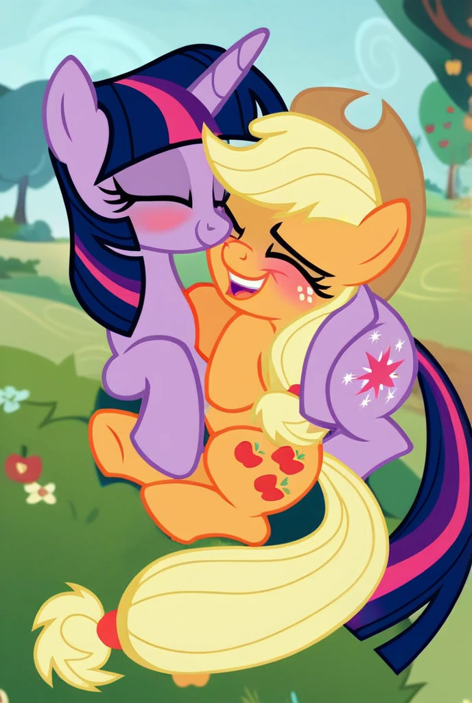 Twilight Sparkle; Applejack; Ponies; Two Girls; Pony; Twilight raising Applejack’s hat; Applejack blushing; Twilight Smiling; Happy; 2D; Flat Color; Sketch; Romantic; Alicorn Twilight; Earth Pony Applejack