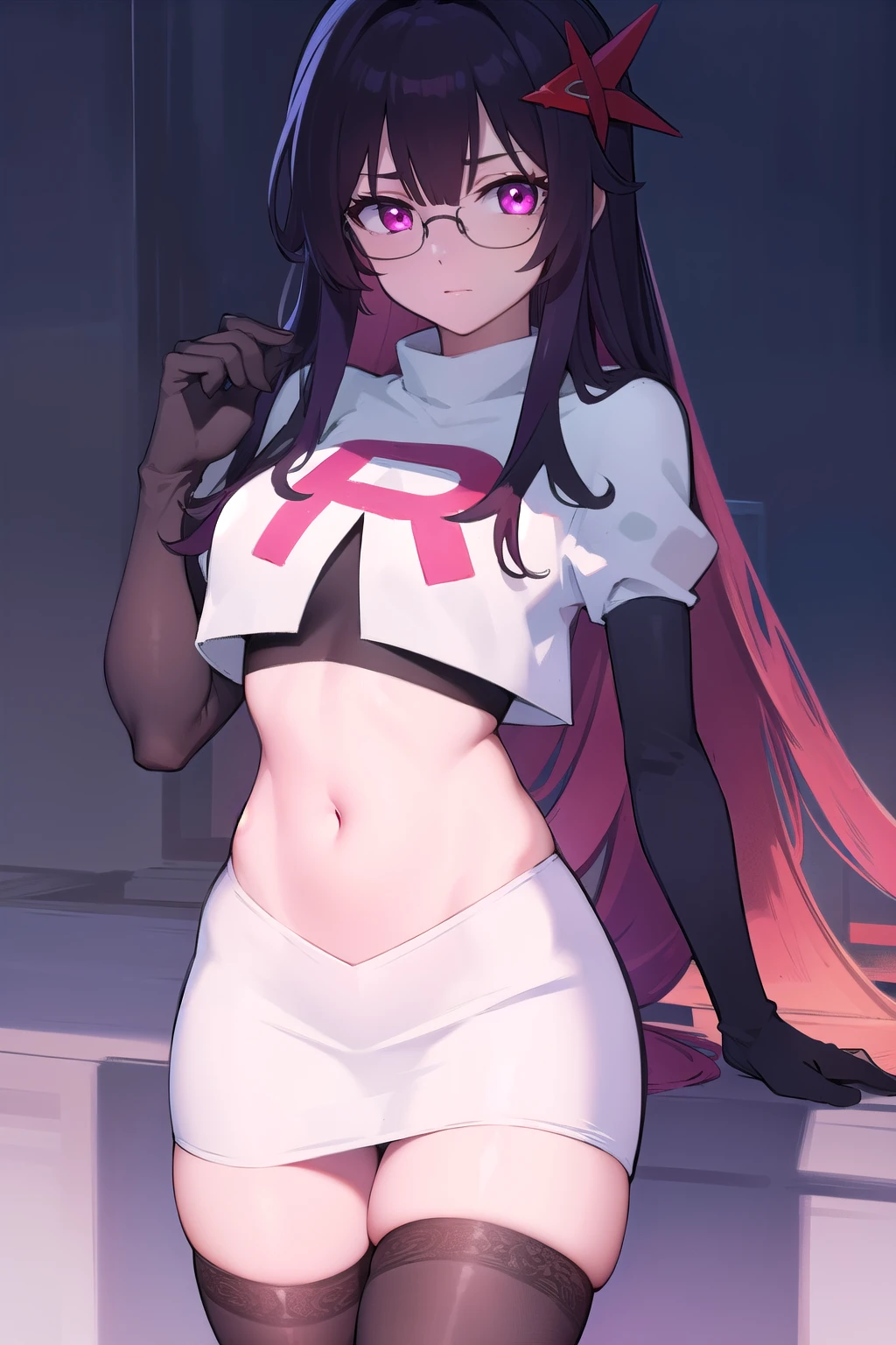honkaisparkle, black hair, colored inner hair, glasses, hair intakes, hair ornament, hairclip, long hair, multicolored hair, (pink eyes:1.3), purple hair, straight hair,
BREAK glasses, team rocket,team rocket uniform,white skirt,red letter R,crop top,black thigh-highs,black elbow gloves,
BREAK looking at viewer, cowboy shot,
BREAK (masterpiece:1.2), best quality, high resolution, unity 8k wallpaper, (illustration:0.8), (beautiful detailed eyes:1.6), extremely detailed face, perfect lighting, extremely detailed CG, (perfect hands, perfect anatomy),