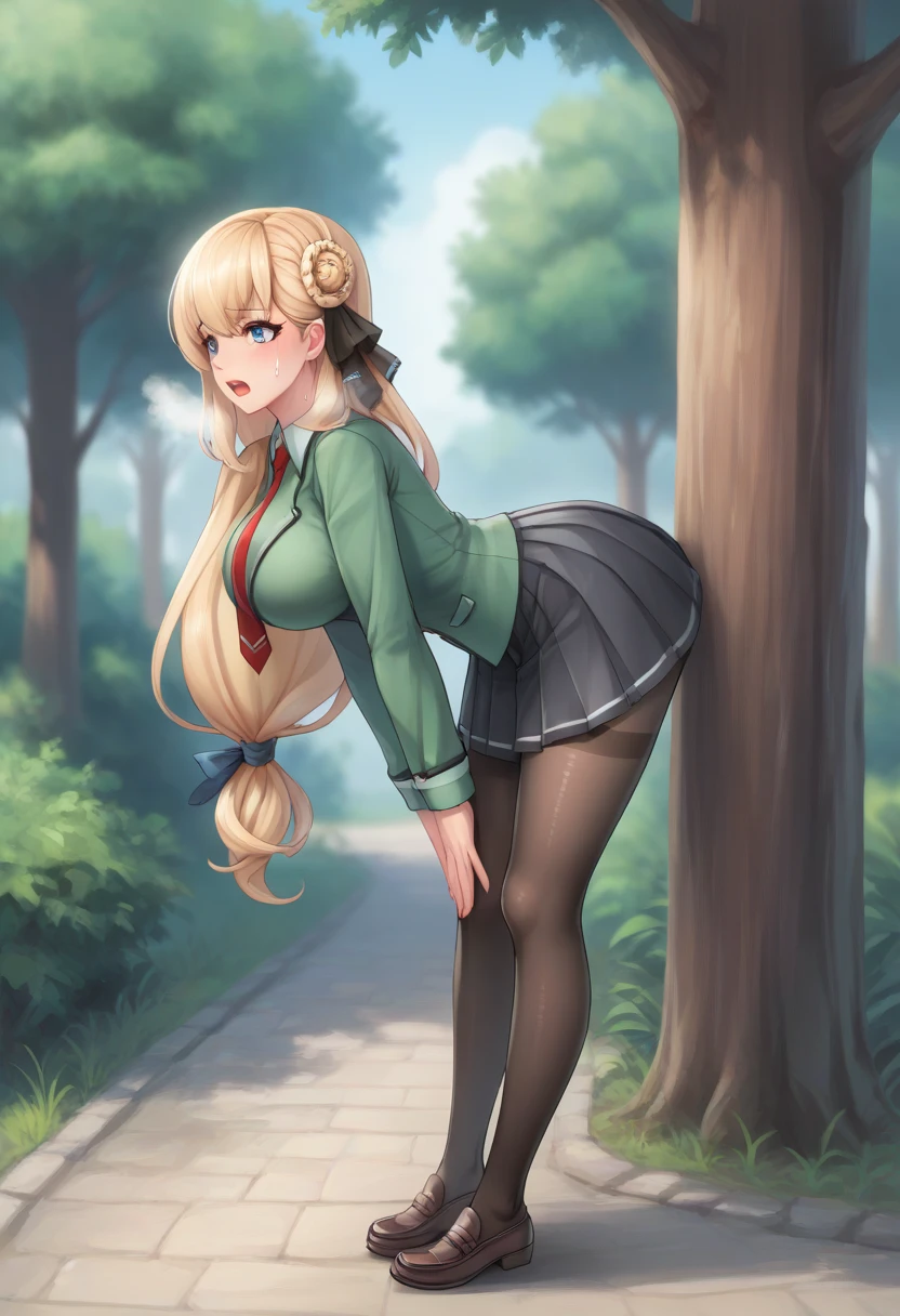 BREAK source_anime,
(1girl), (solo), ( full body shot), (side view), looking at viewer, outdoors, sky, trees, sfw, erotic
racoonsan,,  
 Agnes Claudel, beautiful body, beautiful face, beautiful breasts, thick tights, blonde hair, long hair, low-tied long hair, hair ribbon, blue eyes, large breasts, (see through clothes), (green school uniform), (red necktie), (black pleated skirt), black thighhighs, brown loafers, (standing up), (bending forward), (hands touching knees), exhausted, aroused, moaning, heavy breathing, in peril, (mouth open), (eyes closed), sweating, worried expression