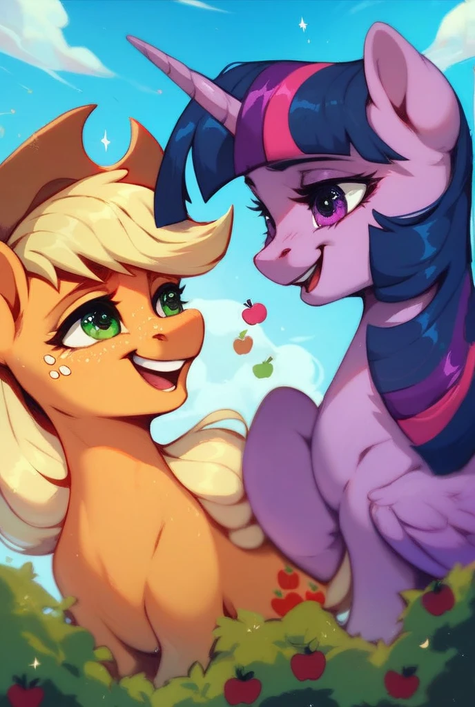 Twilight Sparkle; Applejack; Ponies; Two Girls; Pony; Twilight raising Applejack’s hat; Applejack blushing; Twilight Smiling; Happy; 2D; Flat Color; Sketch; Romantic; Alicorn Twilight; Earth Pony Applejack