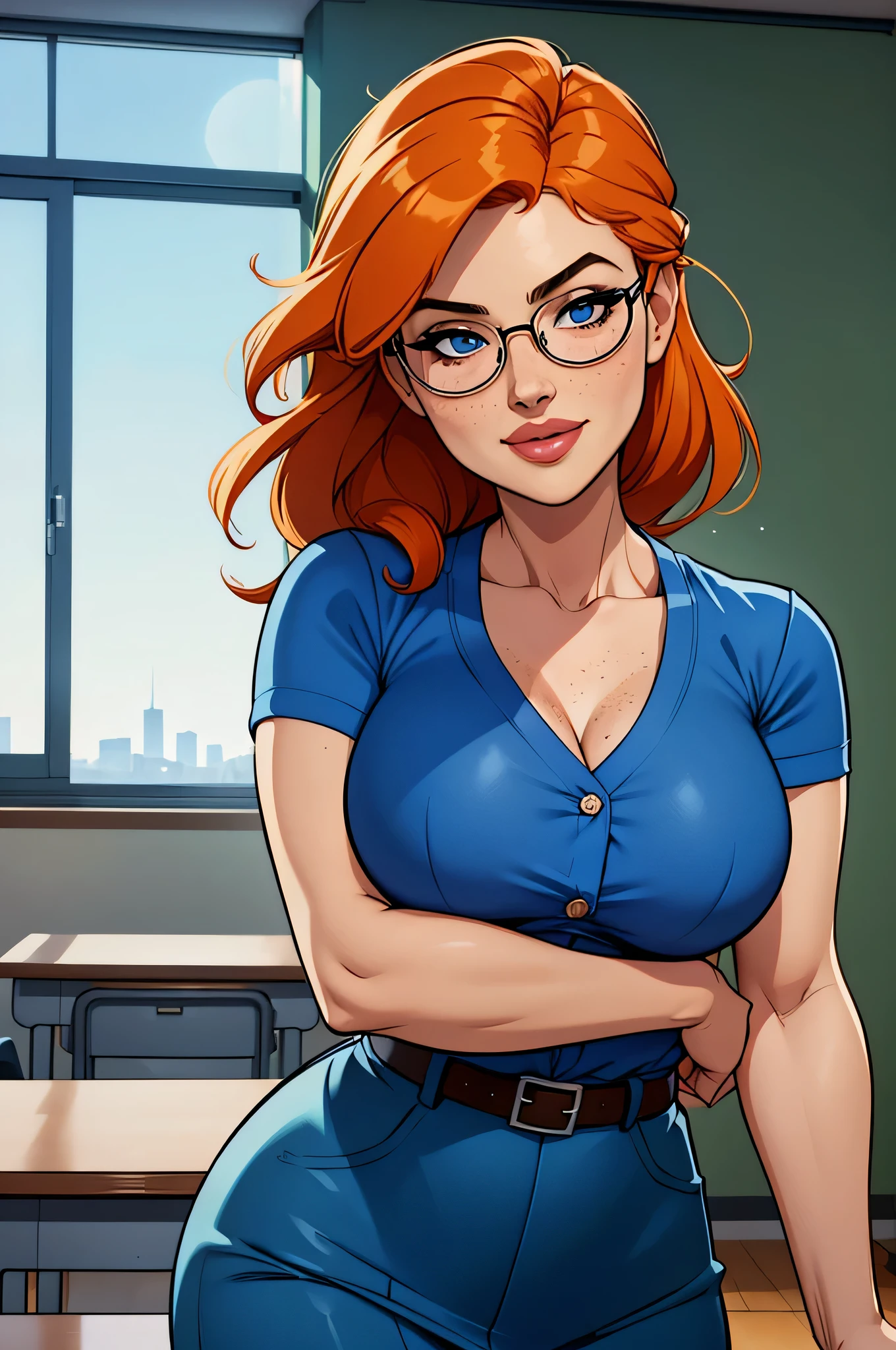 ( absurd,  high quality, Ultra Delicate, Beware of your hand ) Close-up of curvy skinny athletic , 25 years, 8k ( high definition ),  cute smile, seductive look,  Blue Eyes, nose fine,  teacher wearing blue dress shirt  ((V-neck, buttons,  short sleeves )), discreet belt and skirt ,  herself wearing glasses ,  arms positioned on the sides of the body,  white skin ,  orange hair ((long and straight)), standing (( upper body)),  with freckles on your chest and neck , (( BIG ROUND BREASTS )). Marvel style (( high quality)), classroom in the background.