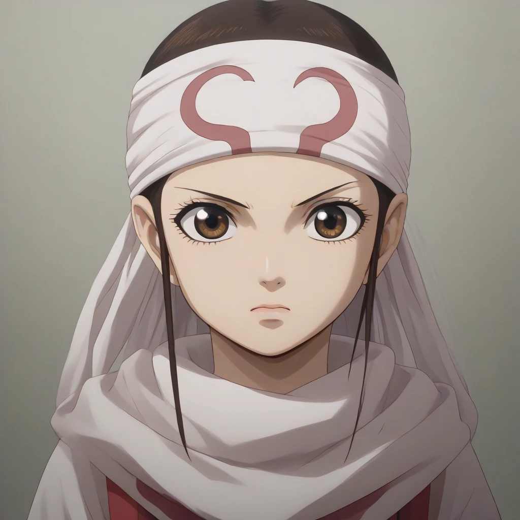 ((((((((Yuzuriha Ogawa)))))))) Fujifilm, UHD, masterpiece, textured skin, high details, best quality, highres, 8k, 16k score_9, score_8_up, score_7_up, kyoukai ((cowl)) (((bandana on forehead))) brown hair long hair brown eyes 