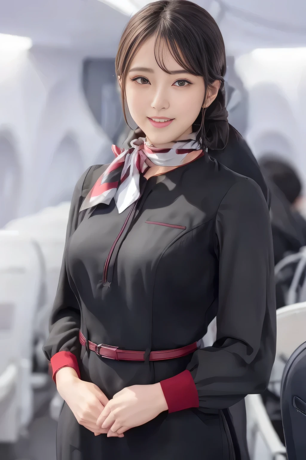 (masterpiece:1.2,  top quality :1.2), 32kHDR,  high definition  , (Alone、  1 girl)、（ on board）、In-flight background、（  wearing a JAL flightattendant uniform  ）、（（ short sleeve jumper skirt in a JAL flightattendant uniform {x} JAL flightattendant uniform 、Red belt wrapped around the waist  、 Scarf around the neck ））、  dark brown hair  、（  Super Long Hair Wrap Hair、Braid Wrap Up Hair ）、 、 long hit 、Big Breasts、Thin legs、（（ amazing hands：2.0）），（（ harmonious body proportions ：1.5）），（（Normal limbs：2.0）），（（Usually ：2.0）），（（ Delicate eyes：2.0）），（（Normal eyes：2.0））)、smile、（ beautiful standing figure wearing a JAL flightattendant uniform  ）、Hands folded under the body 