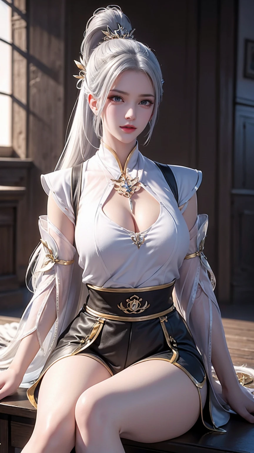 A white hair、Close-up of Miss wearing white mask, Beautiful character painting, Gu Weiss,   Gurwitz Style Artwork  , White-haired god, author：Yang Jie,  epically beautiful character art ,   Extremely fine CG8K wallpaper  , author：Fan Qi, by Wuzhun Shifan,  Pixiv Art Street Guweiz , Single ponytail, insult, High Ponytail,  tall and big, Long Legs, (Sleeveless lace shirt), ( shorts), (stripe )), ((stripe )), Walk, Elegant, dignified, Miss, Beautiful curves,  sweet smile , 细节感和层次感很强, color丰富绚丽,  has a unique texture ,  colorful, color, vivid, Design Art, 16K, Super Fine, {{illustration}}, { Extremely refined}, {Exquisite surface treatment}, Super Fine, Delicate and shining eyes, {{ movie lighting}}, Extreme Lighting Effects , Model:  realism , CFG size: 12, Laura: Bright texture (1.35),  high quality , masterpiece,   Exquisite facial features,  delicate hairstyle depicting , 详细描绘眼睛, masterpiece,  Best Quality ,  ray tracing,  Extremely detailed CG uniform 8K wallpaper , masterpiece,  Best Quality , ( 1 girl), Perfect Miss figure, (((Tight white T-shirt))),  beautiful eyes , ( delicate face),  Black Short Hair ,  tie up your hair , light blue hairpin, Black silk frame glasses, In the classroom, ( White Skin), (Optimal lighting), (  Super Intricate Details  ), 4K Unified, (Super Fine CG),  showing off her white legs , , Hot Pants,  shorts,
