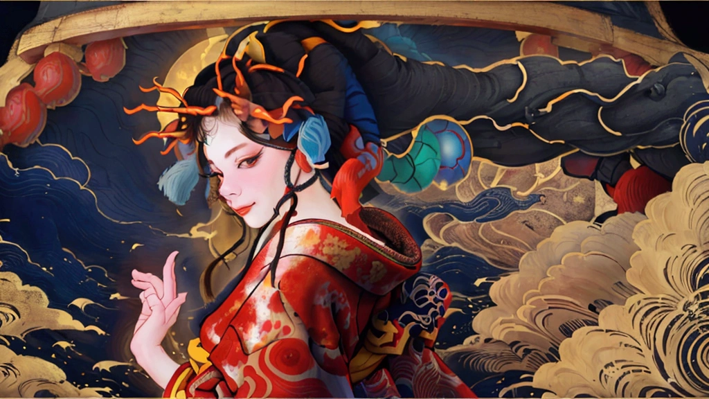 An elegant woman holding a gorgeous Chinese dragon mask, covering it with her hand, the style of Cangyama Yuan and Katsushika Hokusai, bright colors, bold shadows, surrealistic illustrations, intricate details on the skin, delicate feminine curves, flashing red eyes, fierce black eyeliner, red smudging eyeshadow, with a palette of red, black, white, blue, orange, oil painting style, Shirow's style
