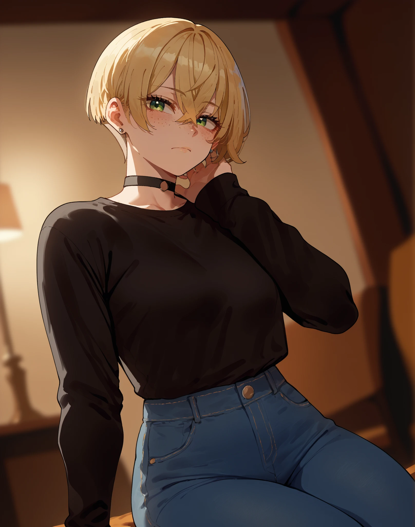 score_9, score_8_up, score_7_up, score_6_up, score_5_up, score_4_up, source_anime, rating_safe, nyantcha style, three quarter view, 1girl, teenager, green eyes, blonde hair, crossed bangs, short hair, pixie cut, freckles, big breasts, thick thighs, eyelashes, aegyo sal, hand on neck, stud earrings, black shirt, long sleeves, choker, denim pants, looking at viewer, stoic, indoors, blurry background, warm lighting, sitting, upper body, dutch angle
