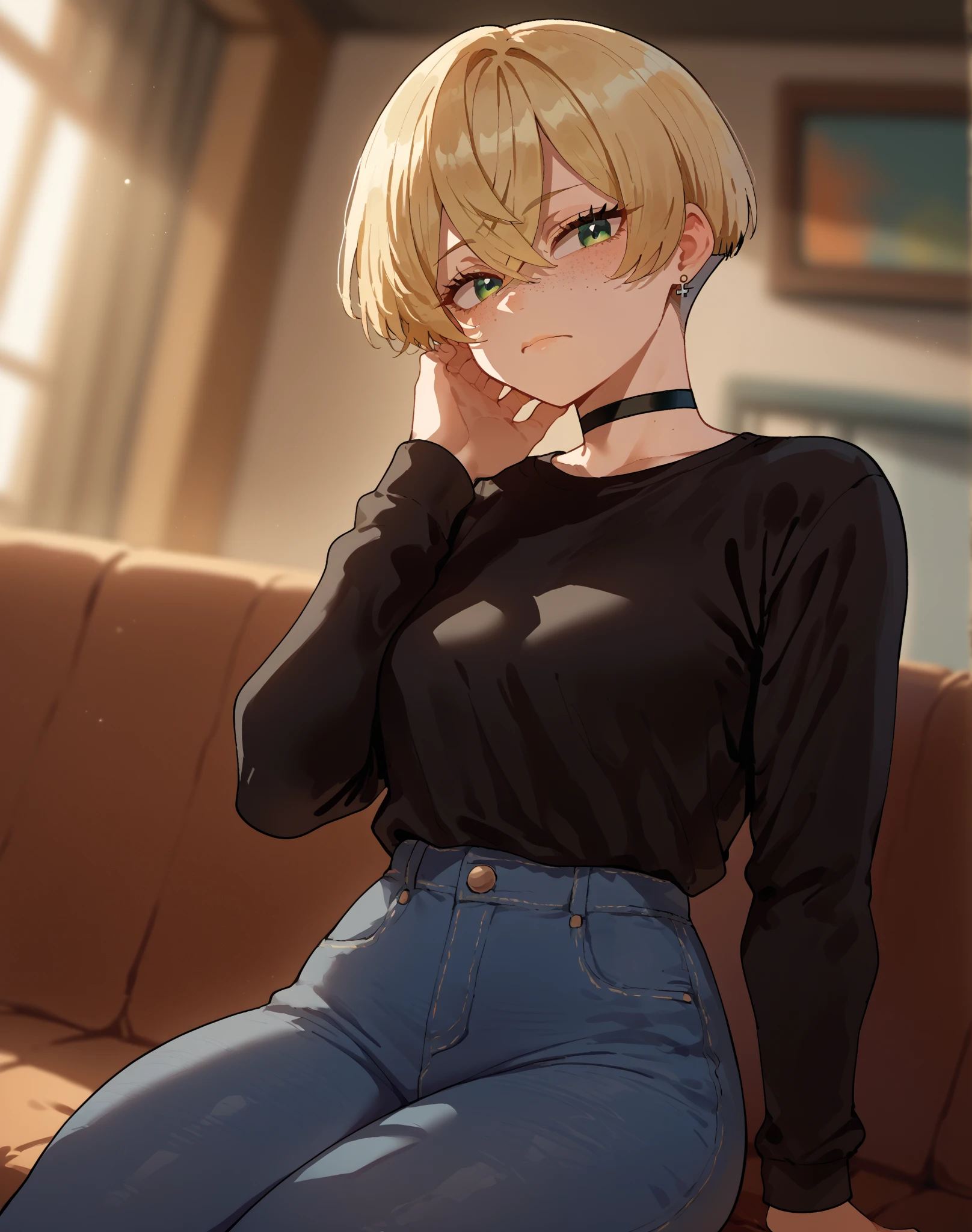 score_9, score_8_up, score_7_up, score_6_up, score_5_up, score_4_up, source_anime, rating_safe, nyantcha style, three quarter view, 1girl, teenager, green eyes, blonde hair, crossed bangs, short hair, pixie cut, freckles, big breasts, thick thighs, eyelashes, aegyo sal, hand on neck, stud earrings, black shirt, long sleeves, choker, denim pants, looking at viewer, stoic, indoors, blurry background, warm lighting, sitting, upper body, dutch angle
