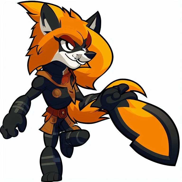 Brawlhalla, (brawlhalla style:1.1), anthro fox character, wearing black shorts, energetic desgin, smile, simple background