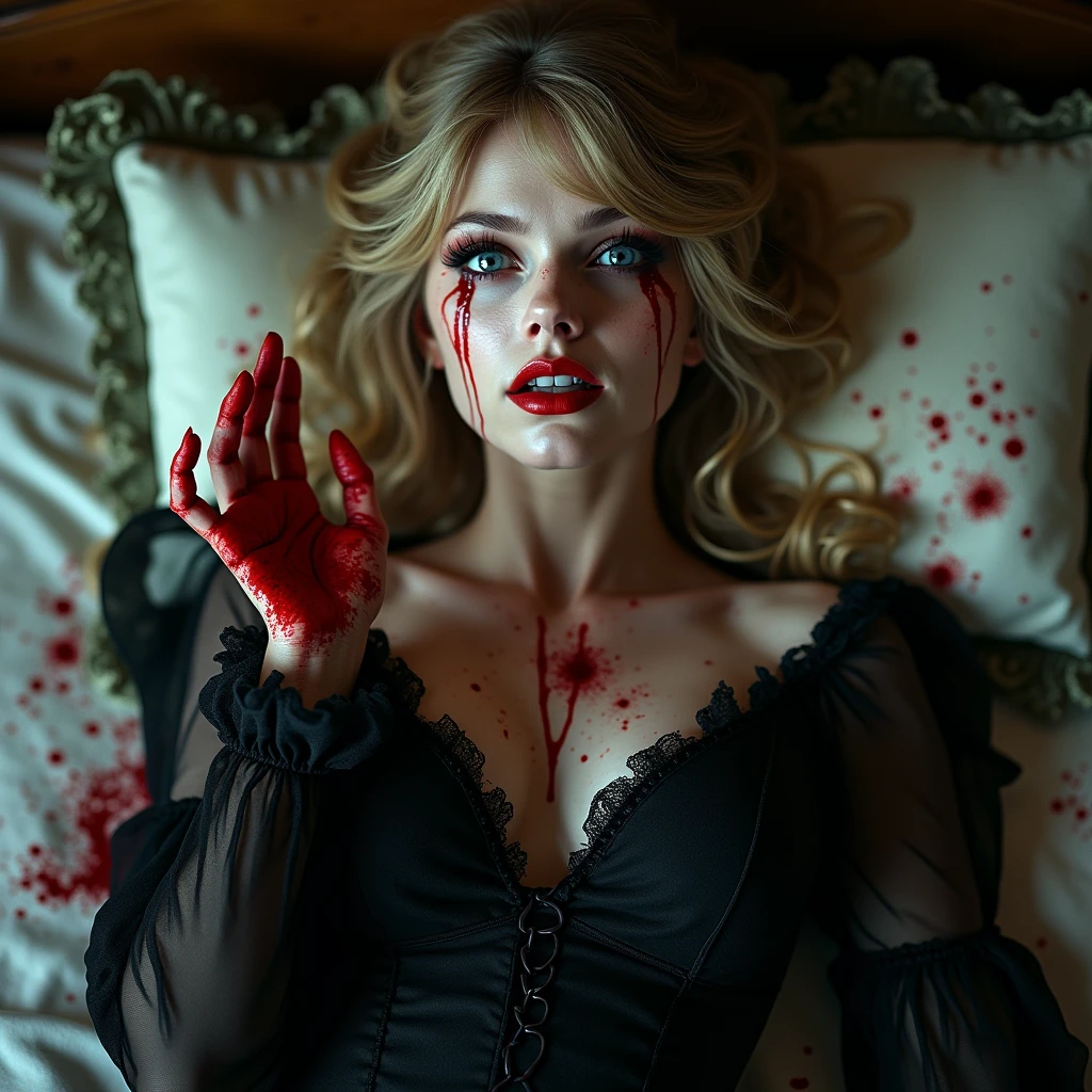 A platinum blonde vampire in a black dress is holding a beautiful brunette girl in a white dress from behind. (((Some blood is dripping from the female vampire's mouth.))) The beautiful girl is in a trance and the female vampire is satisfied. They are in the pretty girl's room with the moonlight coming through the window. Bats are flying out the window. cena noturna, Tiro de lente de 35mm nuas fazendo sexo oral