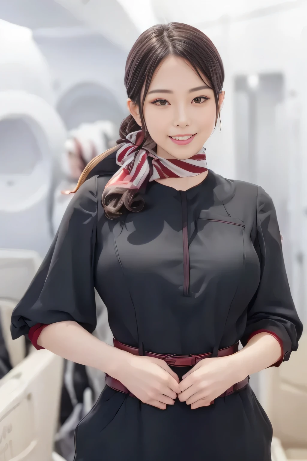 (masterpiece:1.2, top quality :1.2), 32kHDR, high definition , (Alone、 1 girl)、( on board)、In-flight background、( wearing a JAL flightattendant uniform )、(( short sleeve jumper skirt in a JAL flightattendant uniform {x} JAL flightattendant uniform 、Red belt wrapped around the waist 、 Scarf around the neck ))、 dark brown hair 、( Super Long Hair Wrap Hair、Braid Wrap Up Hair )、 、 long hit 、Big Breasts、Thin legs、(( amazing hands:2.0)),(( harmonious body proportions :1.5)),((Normal limbs:2.0)),((Usually :2.0)),(( Delicate eyes:2.0)),((Normal eyes:2.0)))、smile、( beautiful standing figure wearing a JAL flightattendant uniform )、Hands folded under the body