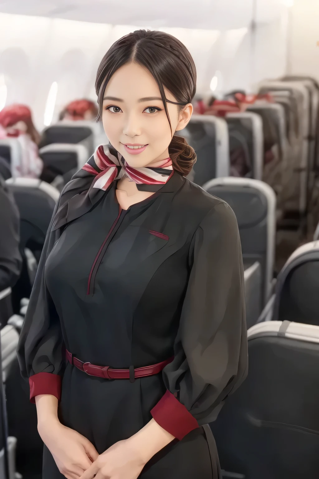 (masterpiece:1.2,  top quality :1.2), 32kHDR,  high definition  , (Alone、  1 girl)、（ on board）、In-flight background、（  wearing a JAL flightattendant uniform  ）、（（ short sleeve jumper skirt in a JAL flightattendant uniform {x} JAL flightattendant uniform 、Red belt wrapped around the waist  、 Scarf around the neck ））、  dark brown hair  、（  Super Long Hair Wrap Hair、Braid Wrap Up Hair ）、 、 long hit 、Big Breasts、Thin legs、（（ amazing hands：2.0）），（（ harmonious body proportions ：1.5）），（（Normal limbs：2.0）），（（Usually ：2.0）），（（ Delicate eyes：2.0）），（（Normal eyes：2.0））)、smile、（ beautiful standing figure wearing a JAL flightattendant uniform  ）、Hands folded under the body 