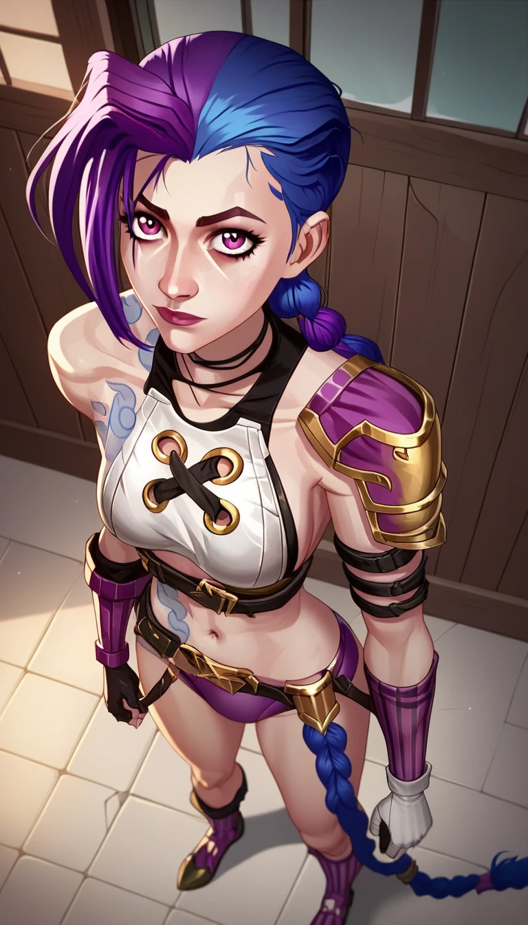 score_9, score_8_above, score_7_above, score_6_above, score_5_above, score_4_above, to break, jinx Lol arcane ,  shiny eyes, purple eyes ,  purple hair ponytail  ,  medium breasts, ,  white armor ,  gold armor ornament, gold shoulder armor , arm armor, white gloves, white breastplate, purple swimsuit, white leg armor,  white armor ed boots, Alone, standing,   looking at the viewer ,  inside the house