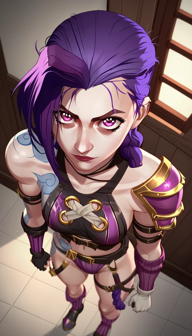 score_9, score_8_above, score_7_above, score_6_above, score_5_above, score_4_above, to break, jinx Lol arcane ,  shiny eyes, purple eyes ,  purple hair ponytail  ,  medium breasts, ,  white armor ,  gold armor ornament, gold shoulder armor , arm armor, white gloves, white breastplate, purple swimsuit, white leg armor,  white armor ed boots, Alone, standing,   looking at the viewer ,  inside the house