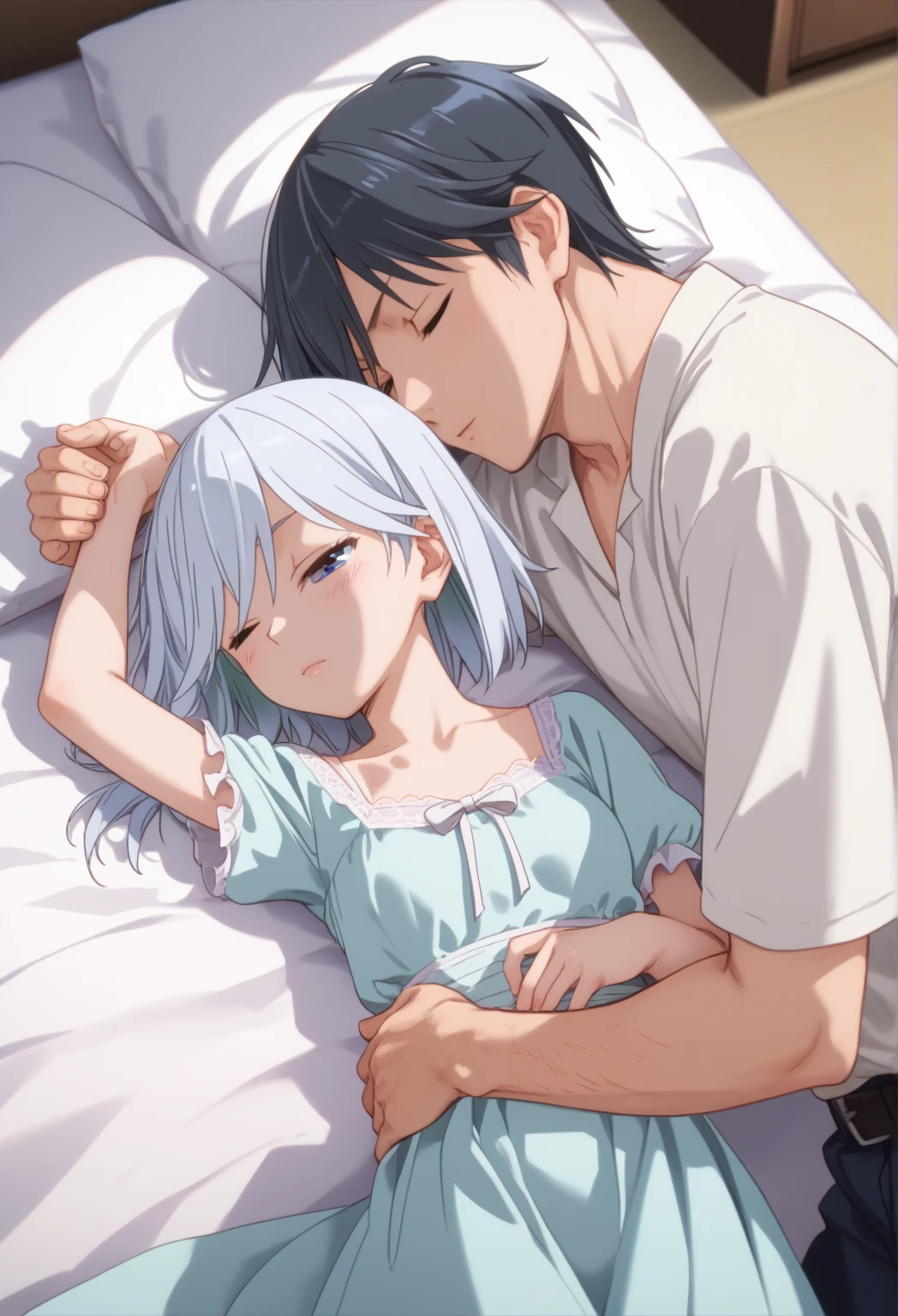 score_9, score_8_up, score_7_up, source_anime,asahi amagami, blue-white hair, blue eyes, 1girl, takeda hiromitsu style, small breasts,,                              couple, lying together, 1girl, shorter arms,smaller, petite, holding him,1male, close to her, 1girl, 1boy, couple (relationship), sleeping together, couple, hetero male, light skinnend male black haired male, on bed, lying on bed, bedroom, cowboy shot, male with black hair,