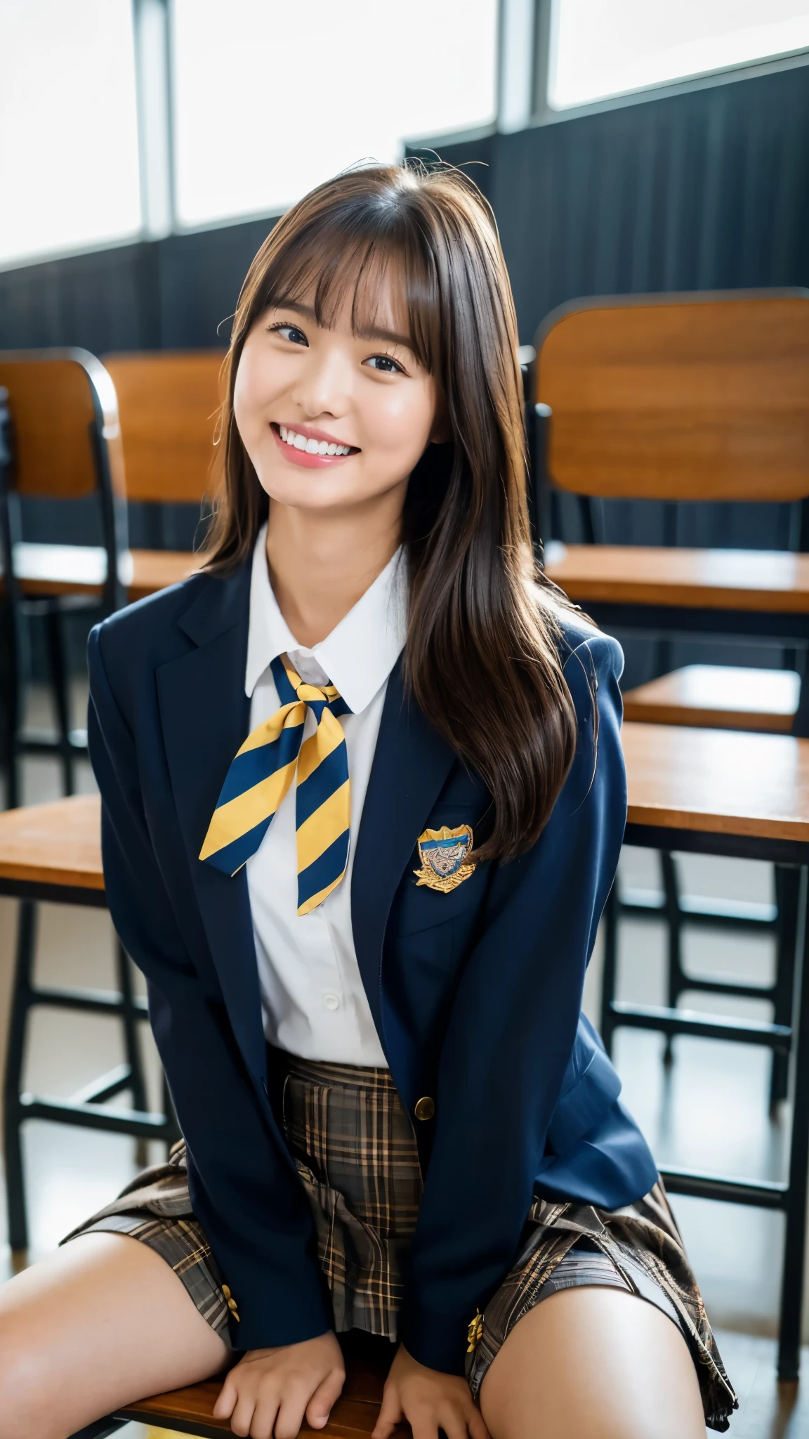 (Highest quality, 4K, 8k, High resolution, masterpiece, Genuine, Realistic, Realistic:1.3), (upper body), Girl sitting on the school desk in classroom, blue neckerchief Uniform, Dark Blown Blazer, blown plaid skirt, Gal Makeup, wearing white collared shirts, dark black pantyhose, ((wavy long brown hair)), Gold Bracelets, 18-year-old, bangs, grin,Thighs, knees, From below, pinching skirt:0.7, open legs:0.8,