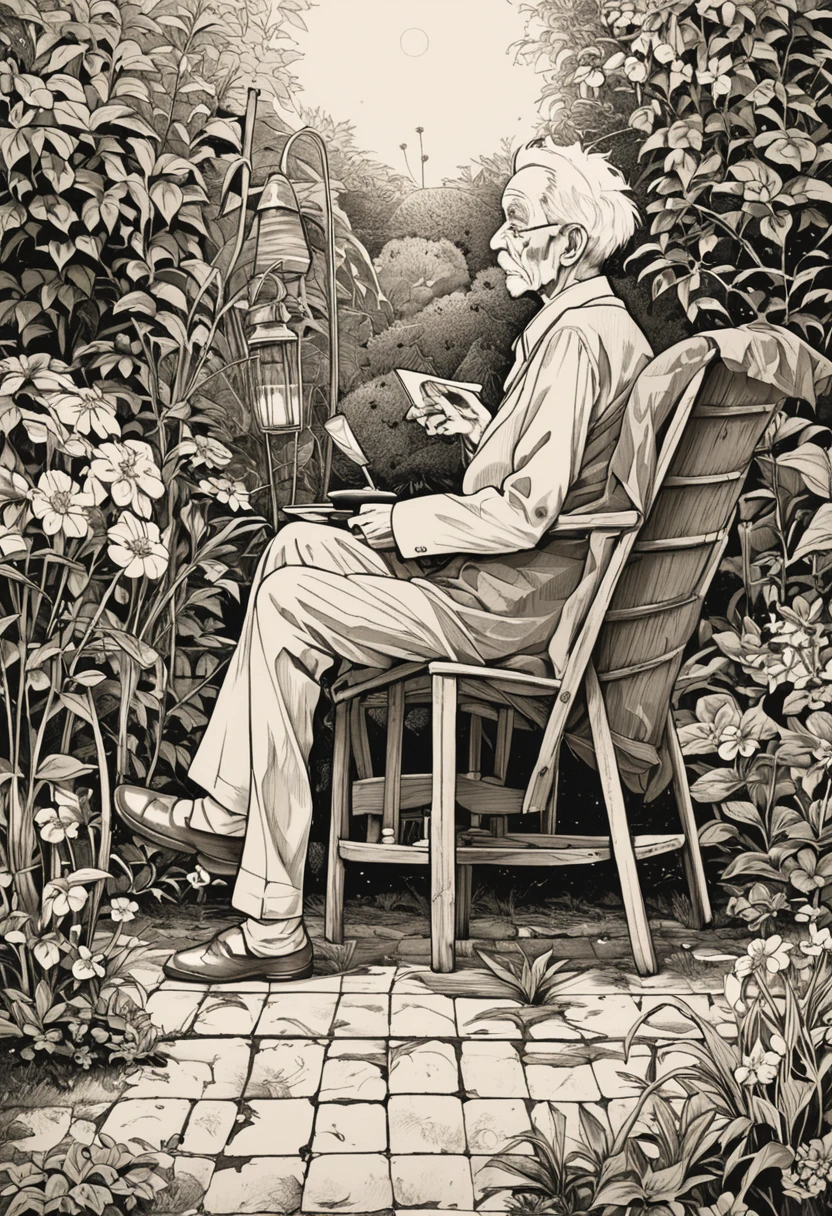 .Flux a crumpied drawing of a skinny elderly man sitting alone on a garden chair with a languid stare