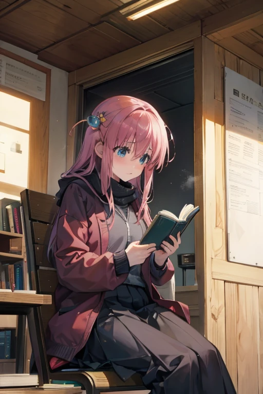 Hitori Gotoh sitting on a chair inside Shelter, table, reading a book, warm lighting