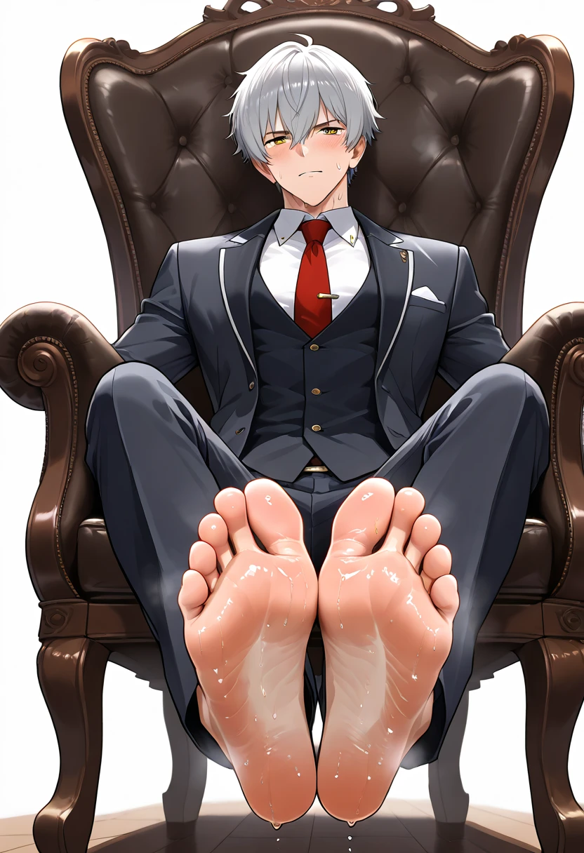 Boy feet scrunching his sweaty soles sitting on chair