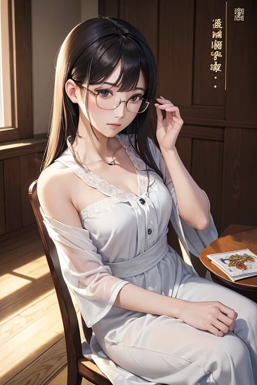 (( top quality )), ((傑 top quality 、masterpiece、High sensitivity、 high res、Detailed description、 delicate face depiction )),Slender woman、Glasses、Sit upright、 face the front、 thank you greetings 、Hanging scroll on the back 、「 pochi thank you！is」No character、